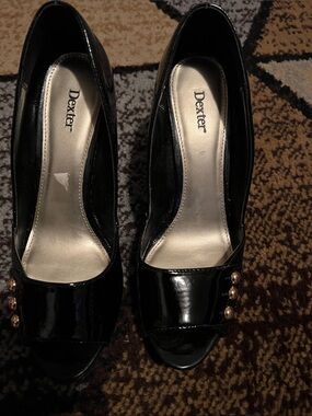 Dexter Black Patent Peep-Toe Heels with Gold Accent Buttons